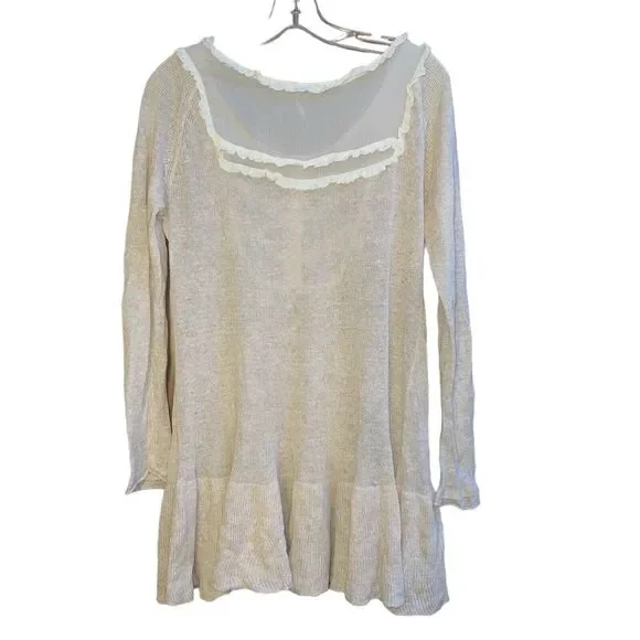 Free People S Lace Trimmed 100% Linen Oatmeal Sweater - Picture 4 of 7
